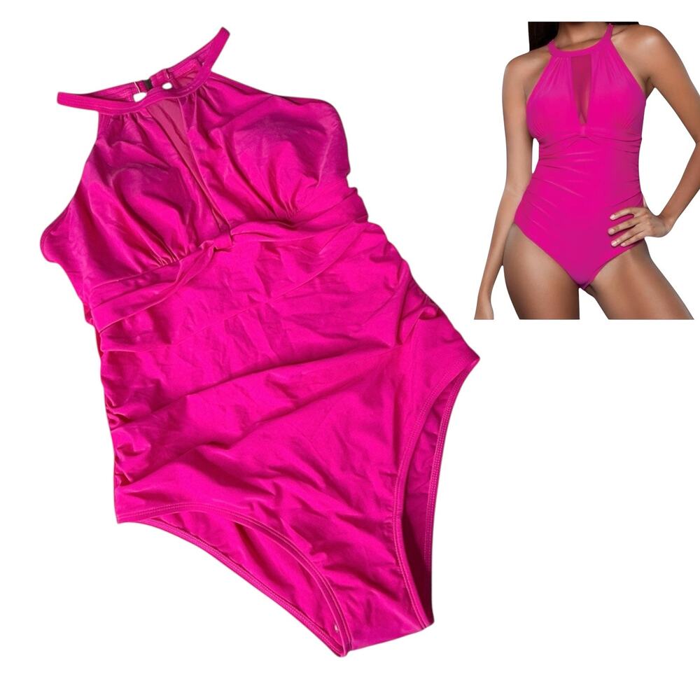 NEW BeWicked Mesh Inset SWIMSUIT Women's LG Fuschia Pink Mesh High Neck Briella
